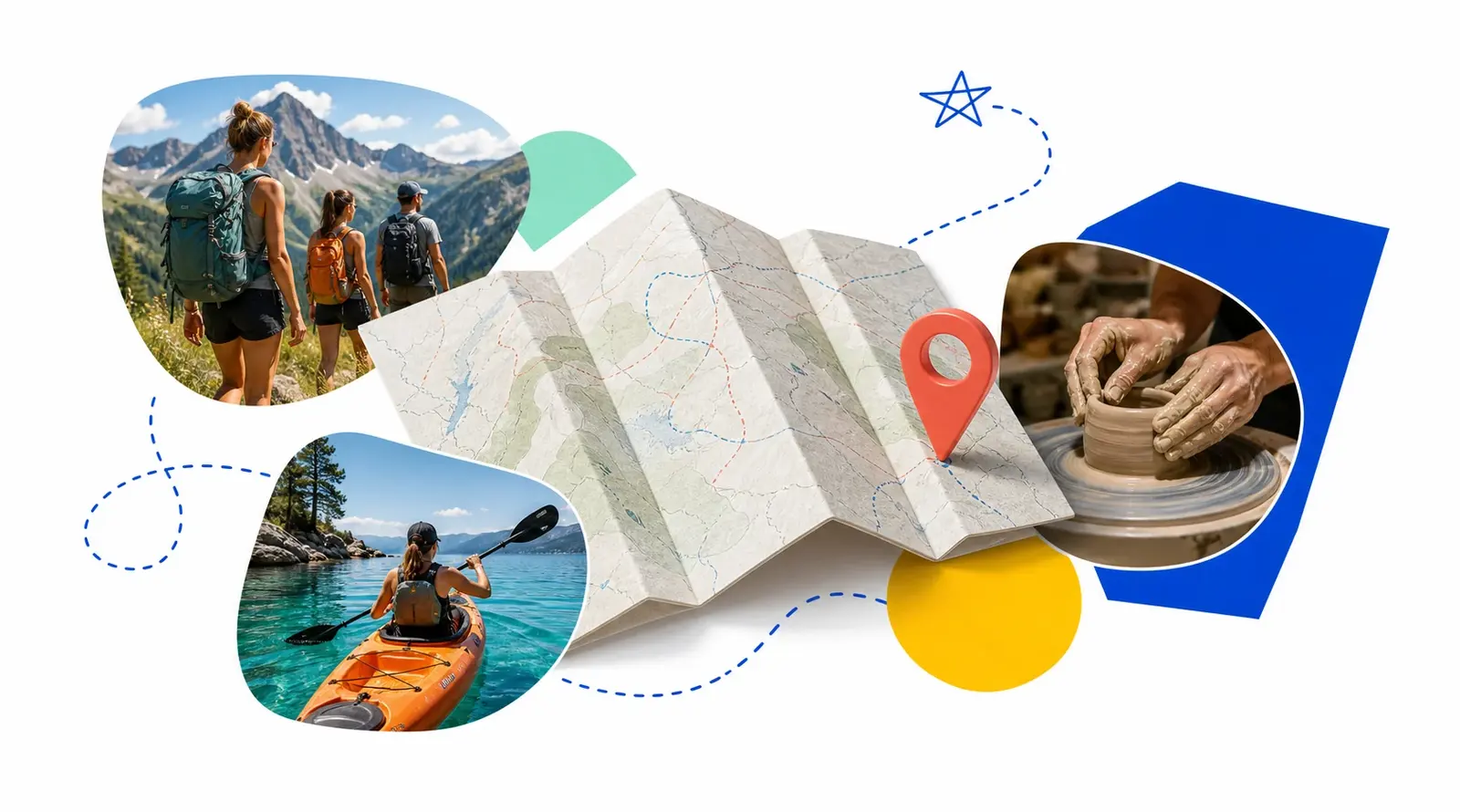 A lively collage of people discovering activities and places through Cyrcys