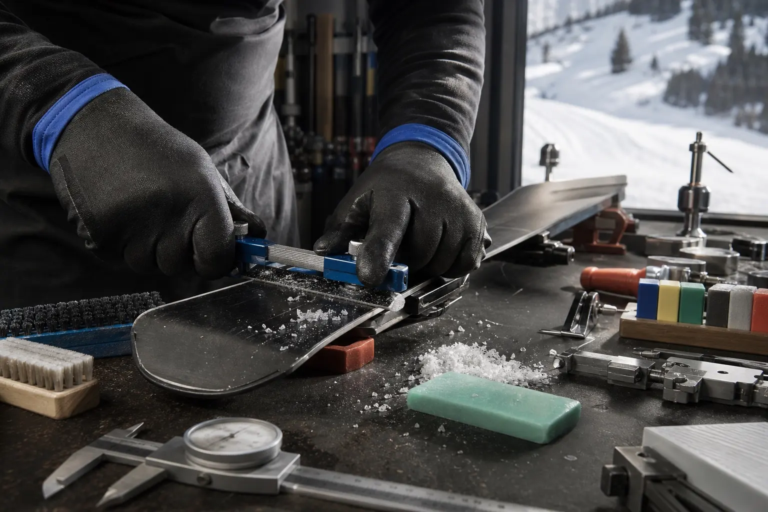 A ski being prepared on a bright workshop bench
